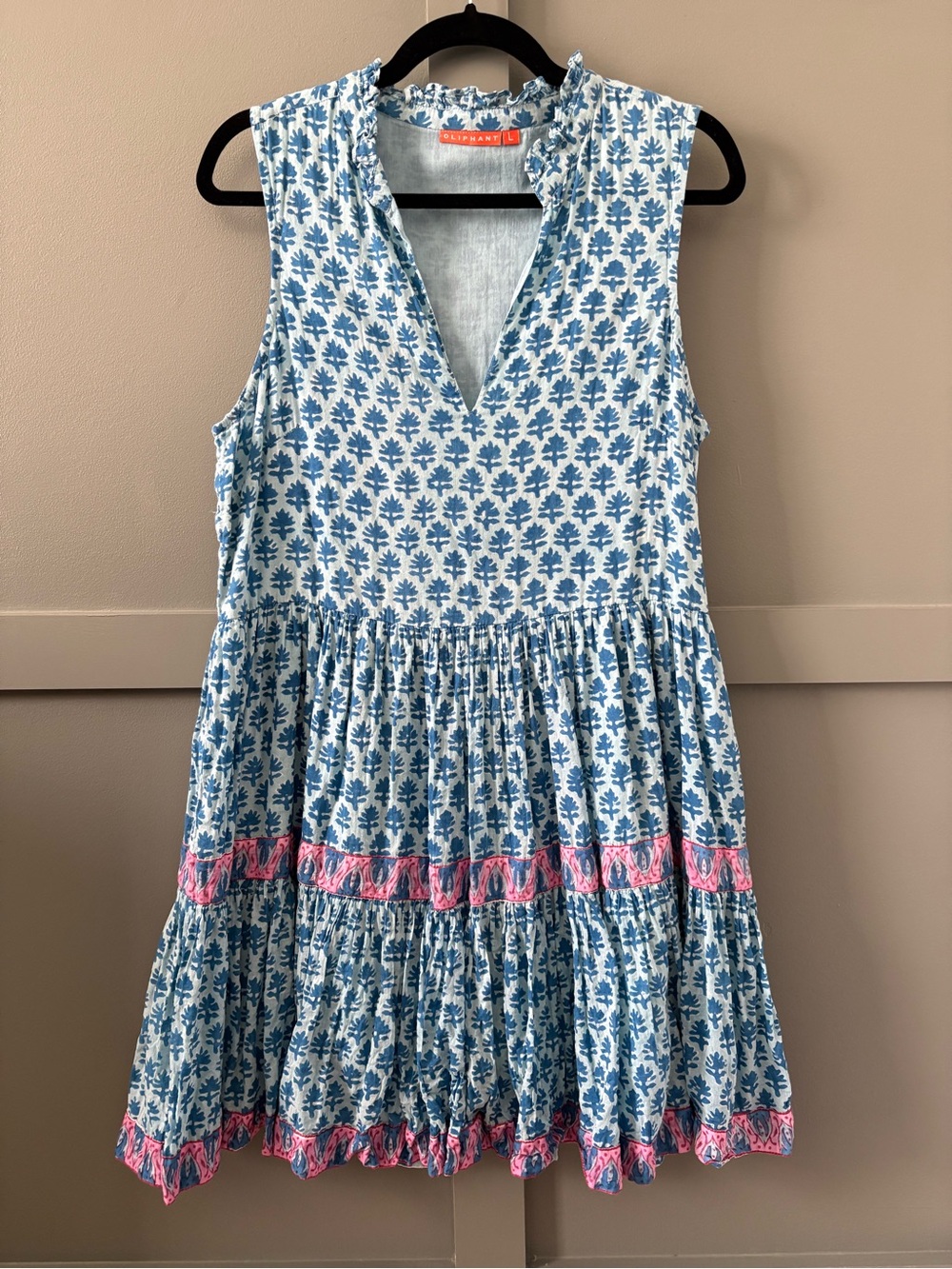 Oliphant Fern Blue Yoke Dress Size Large Block Print Tiered Ruffle Mini L